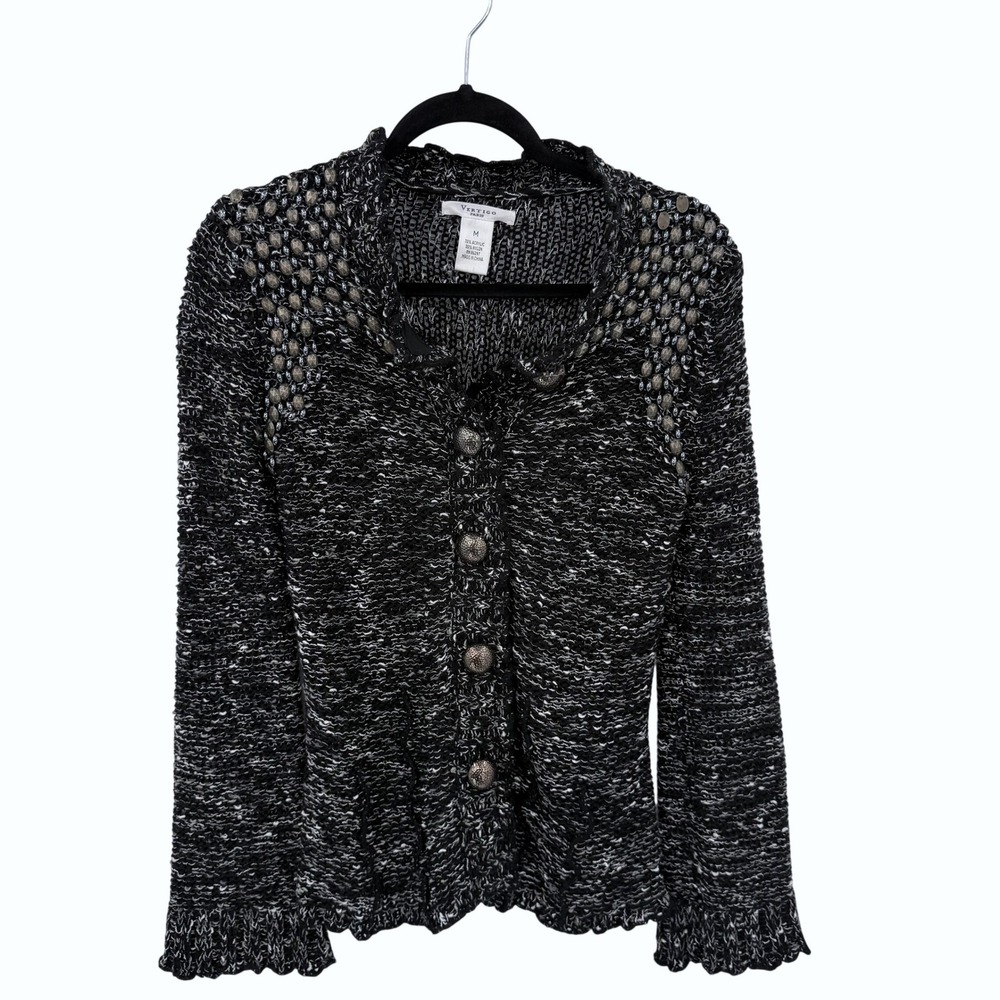 Vertigo Paris Womens Black Marled Beaded Shoulder Button Front Cardigan Size M